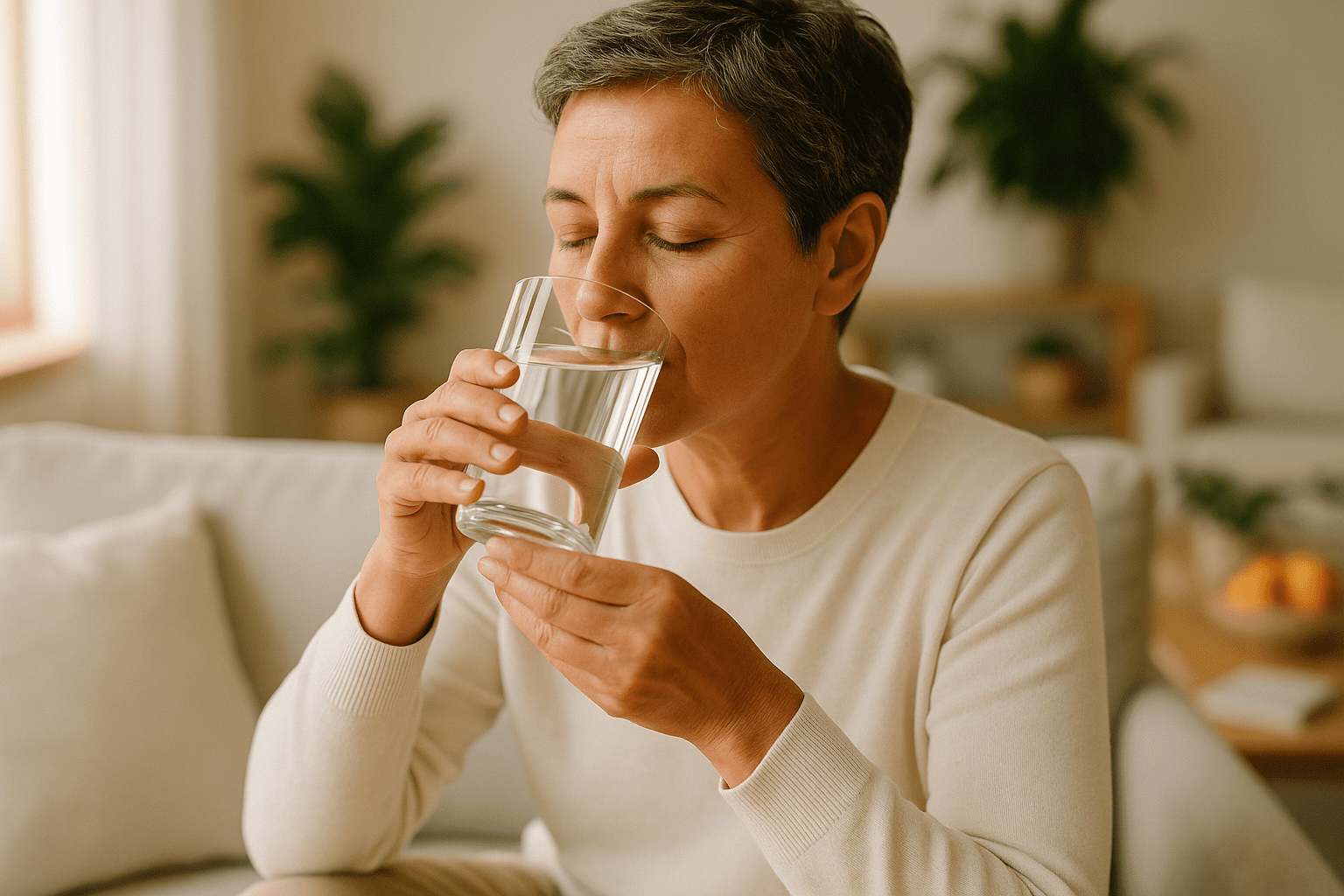 mulher-com-pressão-baixa bebendo agua 