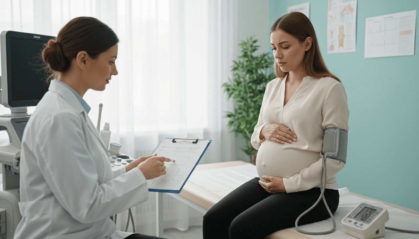 A concerned pregnant woman in a calm, clinical environment, sitting on an examination table in a doctor's office. She is dressed in a modest, professional outfit, with a thoughtful expression, highlighting the emotional aspect of pregnancy complications. In the foreground, the woman is surrounded by medical equipment, such as a blood pressure monitor and ultrasound machine. In the middle ground, a compassionate healthcare provider, wearing a lab coat, is explaining something while holding a clipboard. The background features soft, diffused lighting with pastel-colored walls that convey a serene atmosphere. Capture this moment from a slightly elevated angle, emphasizing the interaction between the woman and her healthcare provider, reflecting the importance of monitoring health during pregnancy, especially regarding high blood pressure complications.