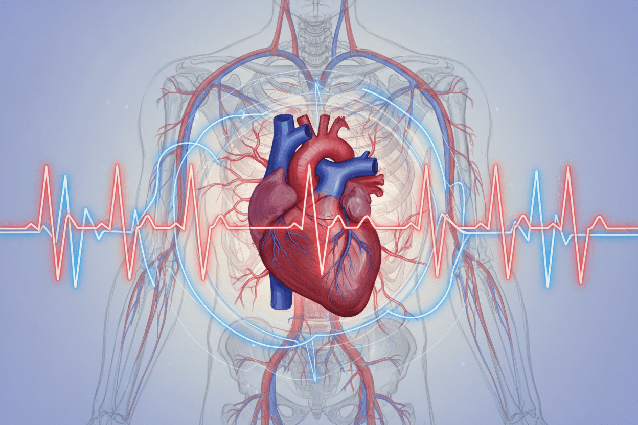 A detailed illustration of a human heart experiencing arrhythmia, centrally positioned in the foreground, vividly showcasing its rhythmic fluctuations. Surrounding the heart are ECG waveforms dynamically fluctuating, colored in shades of blue and red to represent healthy and irregular beats. In the middle ground, a subtle graphic representation of the body’s circulatory system can be seen, blending with light anatomical drawings for added context. The background is a soft gradient of pastel colors, creating a calm yet urgent atmosphere, hinting at the complexities of heart health. The lighting is soft but focused on the heart, simulating a clinical environment, while the overall mood conveys a sense of awareness and urgency around arrhythmias.