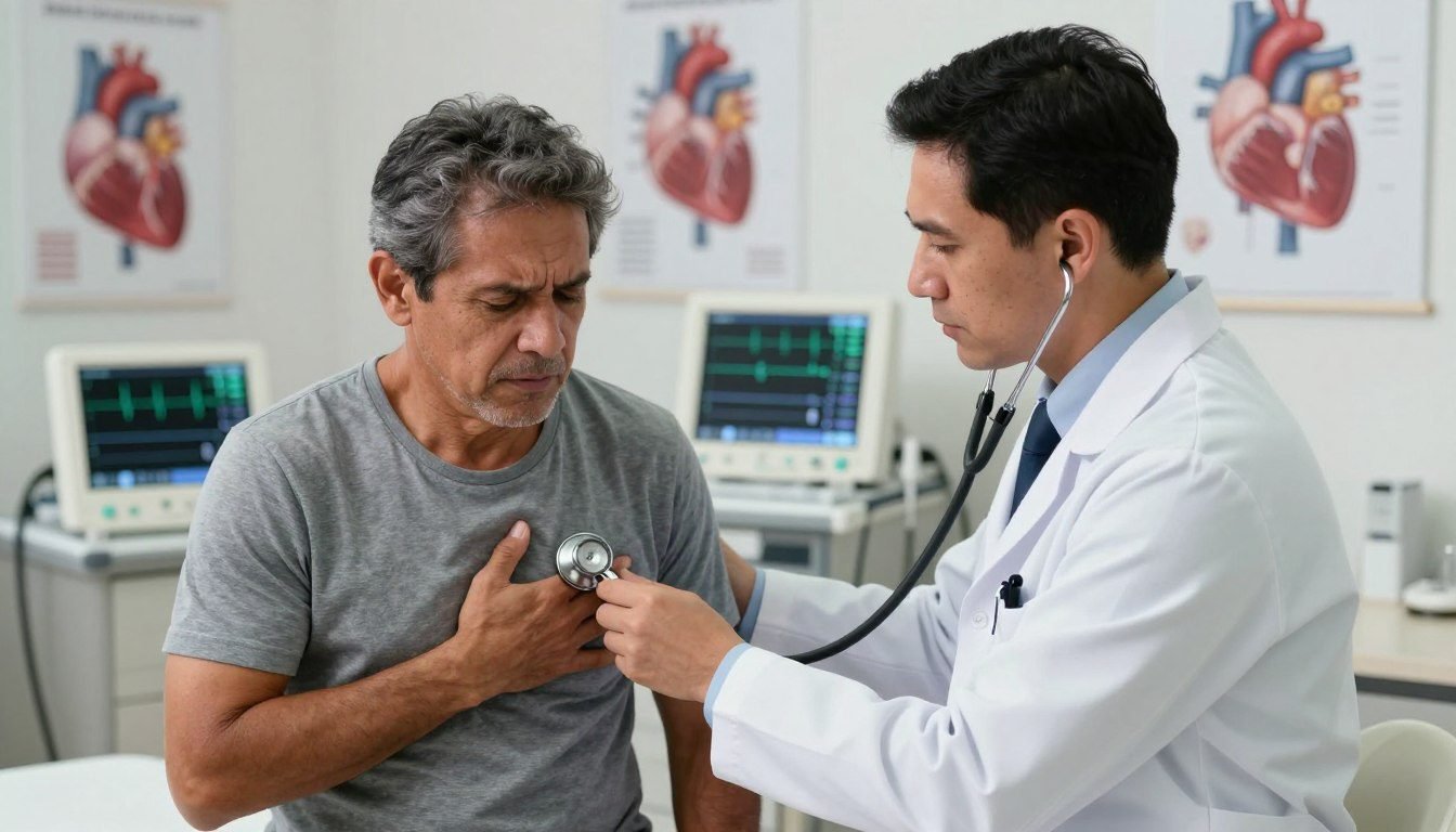 A realistic photograph depicting a heart examination in a medical setting. In the foreground, a Brazilian doctor in professional attire, with a focused expression, is using a stethoscope to listen to the heartbeat of a middle-aged Brazilian patient seated on an examination table. The patient appears concerned, showcasing a variety of symptoms associated with coronary diseases, such as fatigue and discomfort, while holding their chest gently. In the middle ground, medical equipment like an EKG monitor displays heart rhythm, and anatomical charts of a human heart hang on the walls. The background includes soft, diffused lighting creating a calm and serious atmosphere, emphasizing the importance of coronary health diagnostics. The angle is slightly elevated, capturing both the intensity of the interaction and the clinical environment. Doenças coronarianas