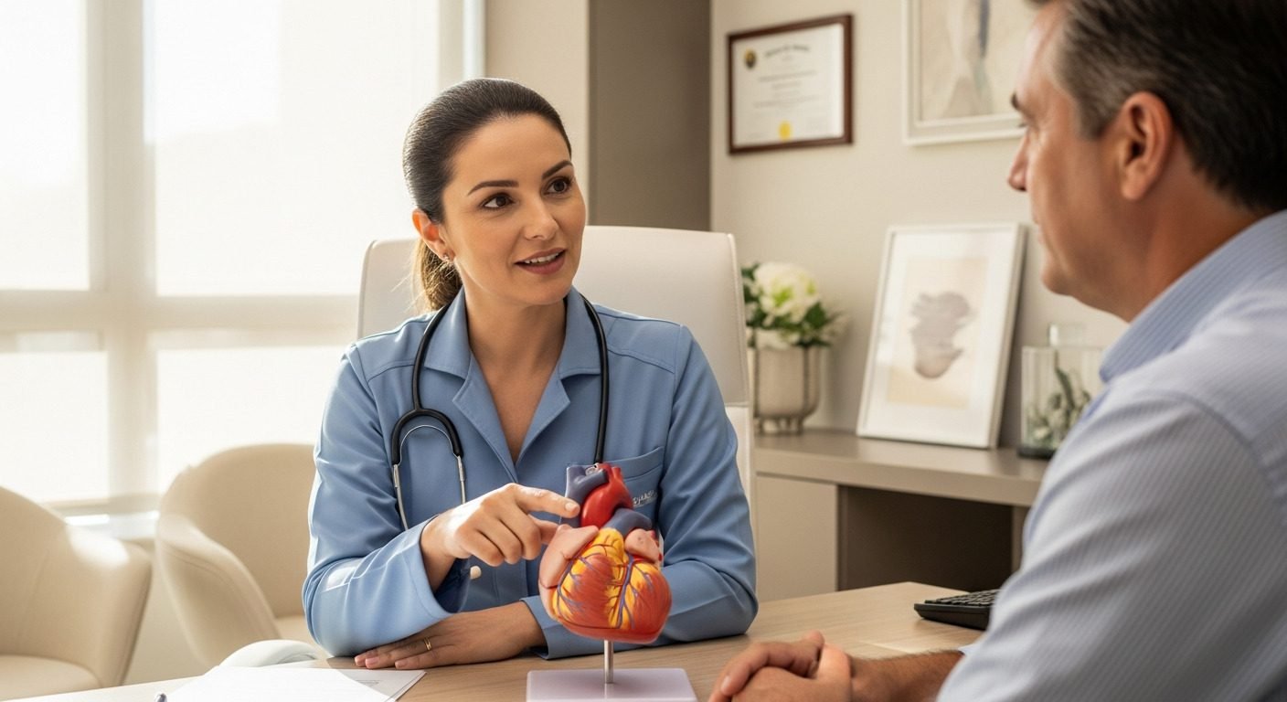 Cardiologista explicando a saúde do coração e as doenças coronarianas durante consulta cardiológica preventiva em consultório no Brasil