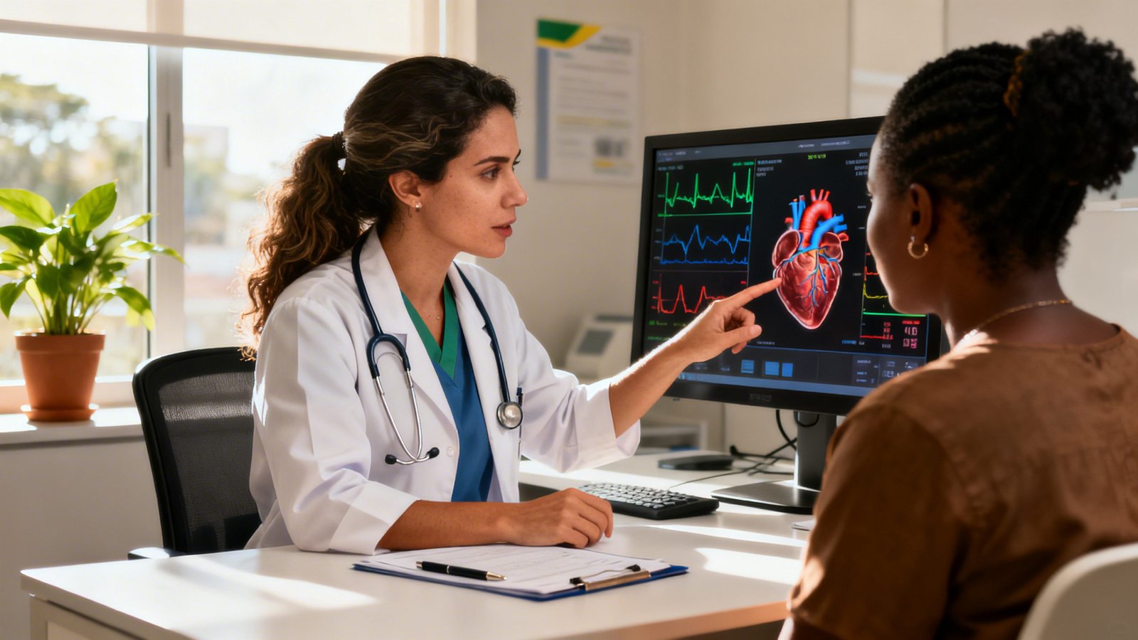 Uma médica cardiologista explicando resultados de exames cardíacos para uma paciente negra adulta em consultório moderno.