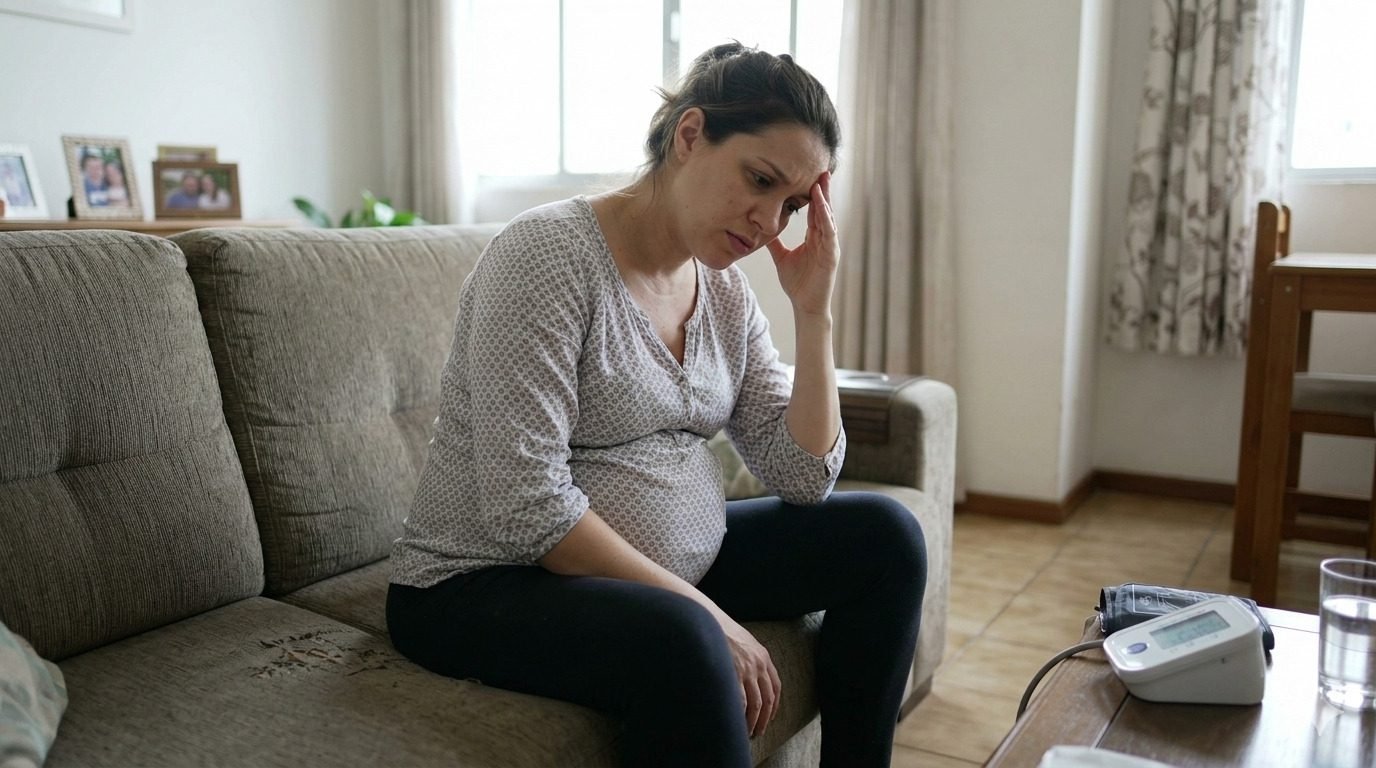 Mulher grávida sentada em casa segurando a cabeça com expressão de desconforto, ilustrando possíveis sintomas de pressão alta na gravidez.