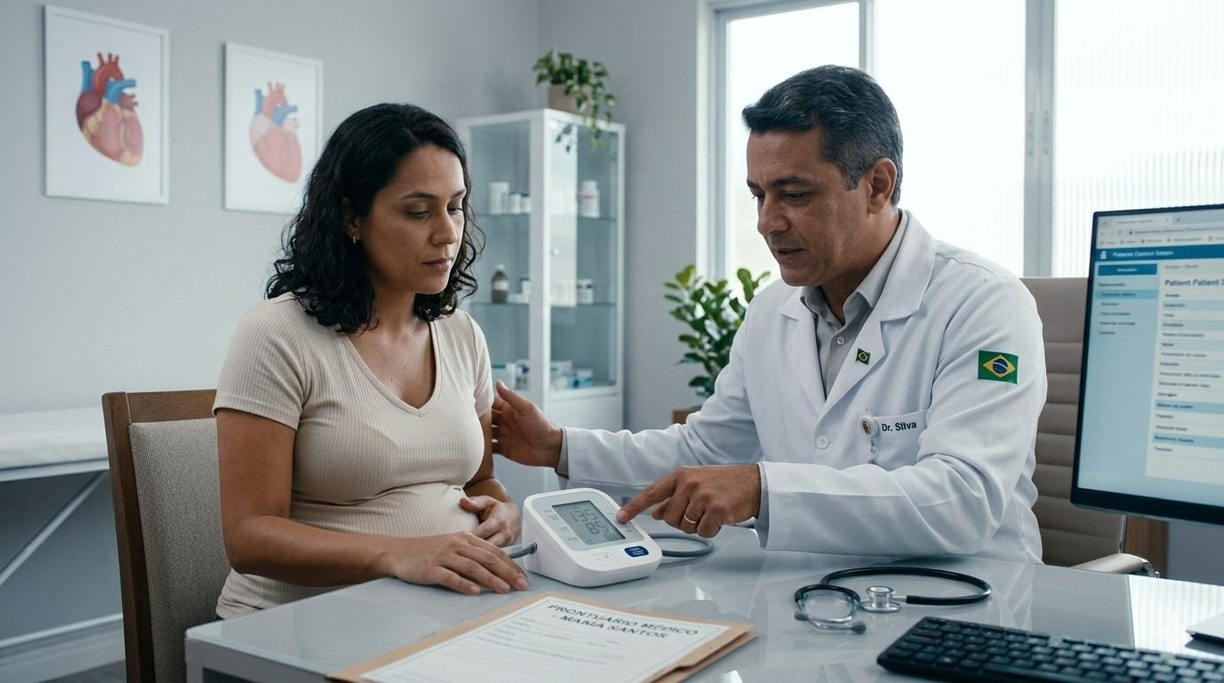 Realistic medical consultation scene between a Brazilian pregnant woman and a cardiologist in a modern clinic. The doctor is seated beside the patient and explaining blood pressure results while pointing to a digital blood pressure monitor on the desk. The pregnant woman listens attentively. Professional Brazilian healthcare environment, medical office with clean and modern decor, natural lighting, healthcare guidance concept, highly realistic medical photography, horizontal composition, 16:9 format.