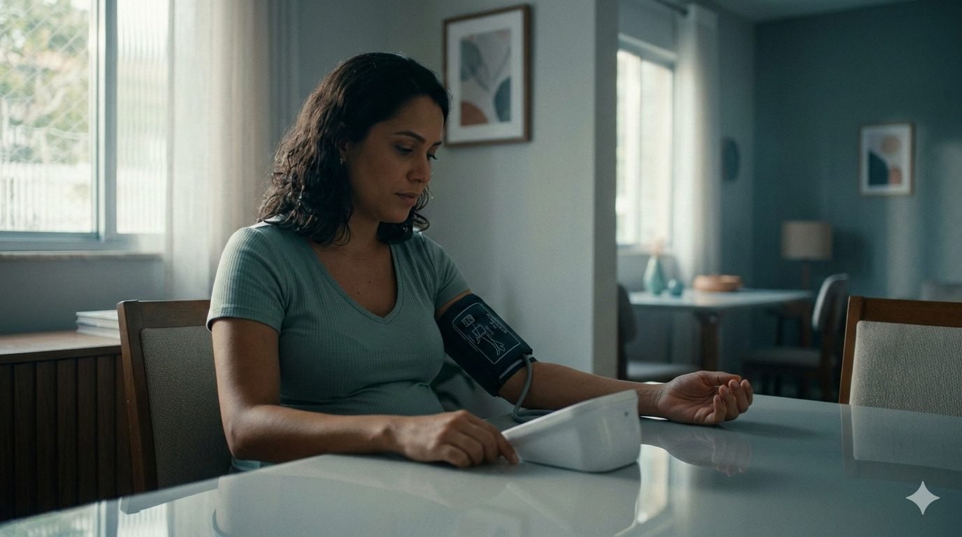 Uma mulher brasileira grávida no terceiro trimestre mede a pressão arterial em casa utilizando um aparelho digital de pressão. Sentada à mesa de jantar, com o braço apoiado na altura do coração e a braçadeira posicionada corretamente no braço, ela observa atentamente o resultado no monitor. A cena representa o monitoramento da pressão arterial durante a gravidez, um cuidado importante para identificar precocemente hipertensão gestacional e prevenir complicações como a pré-eclâmpsia.
