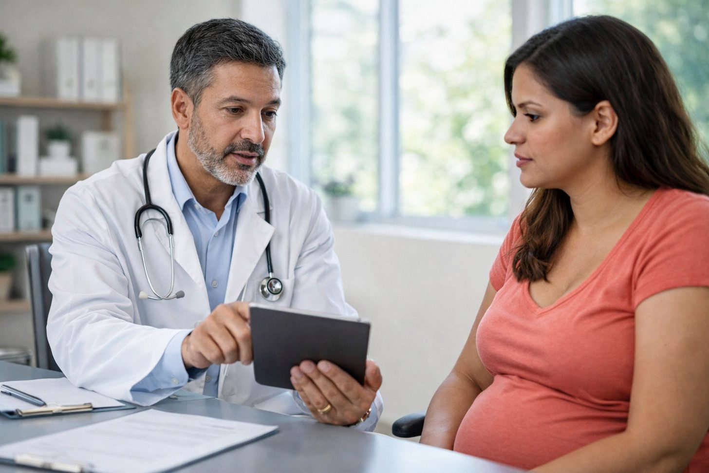 ardiologista orienta uma mulher grávida durante consulta pré-natal em consultório moderno, explicando cuidados com a saúde na gestação.