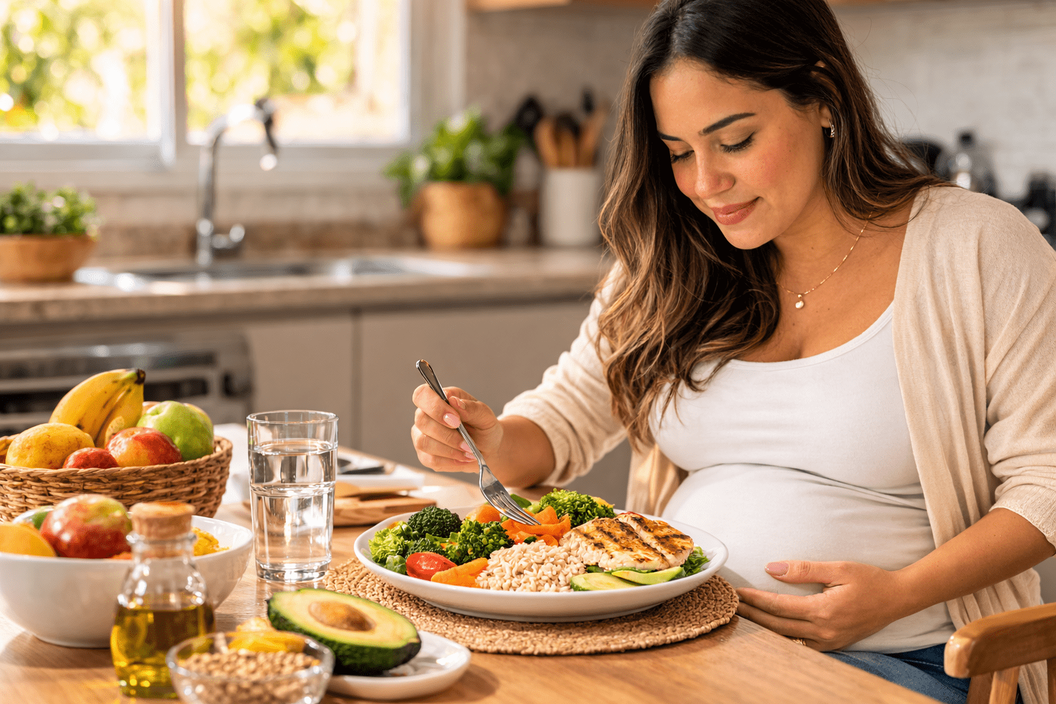gravidasentada a mesa comendo uma refeição saudavel afim de controlar a pressão arterial